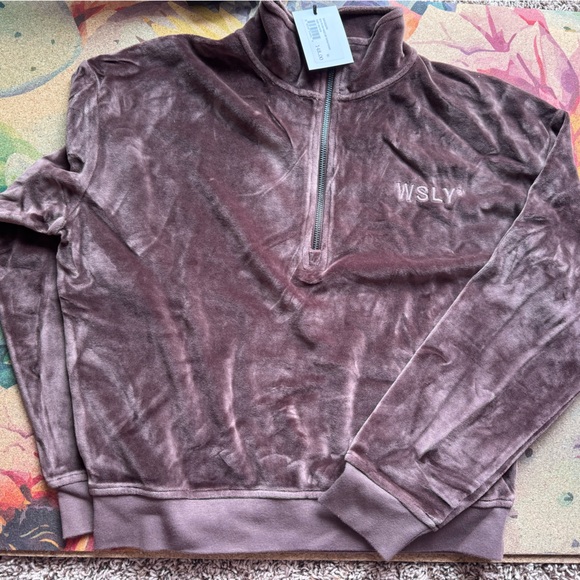 NWT WSLY Eco Plush Half Zip Sweatshirt in Deep Brown - Picture 1 of 3